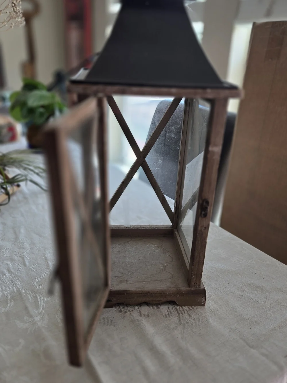 Rustic Brown Wood Lantern with Black Metal Top - Elegant Home Accent